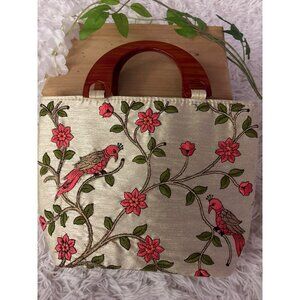 Embroidered Silk Handbag With Bird & Floral Design Wooden Handles Zippered Compa